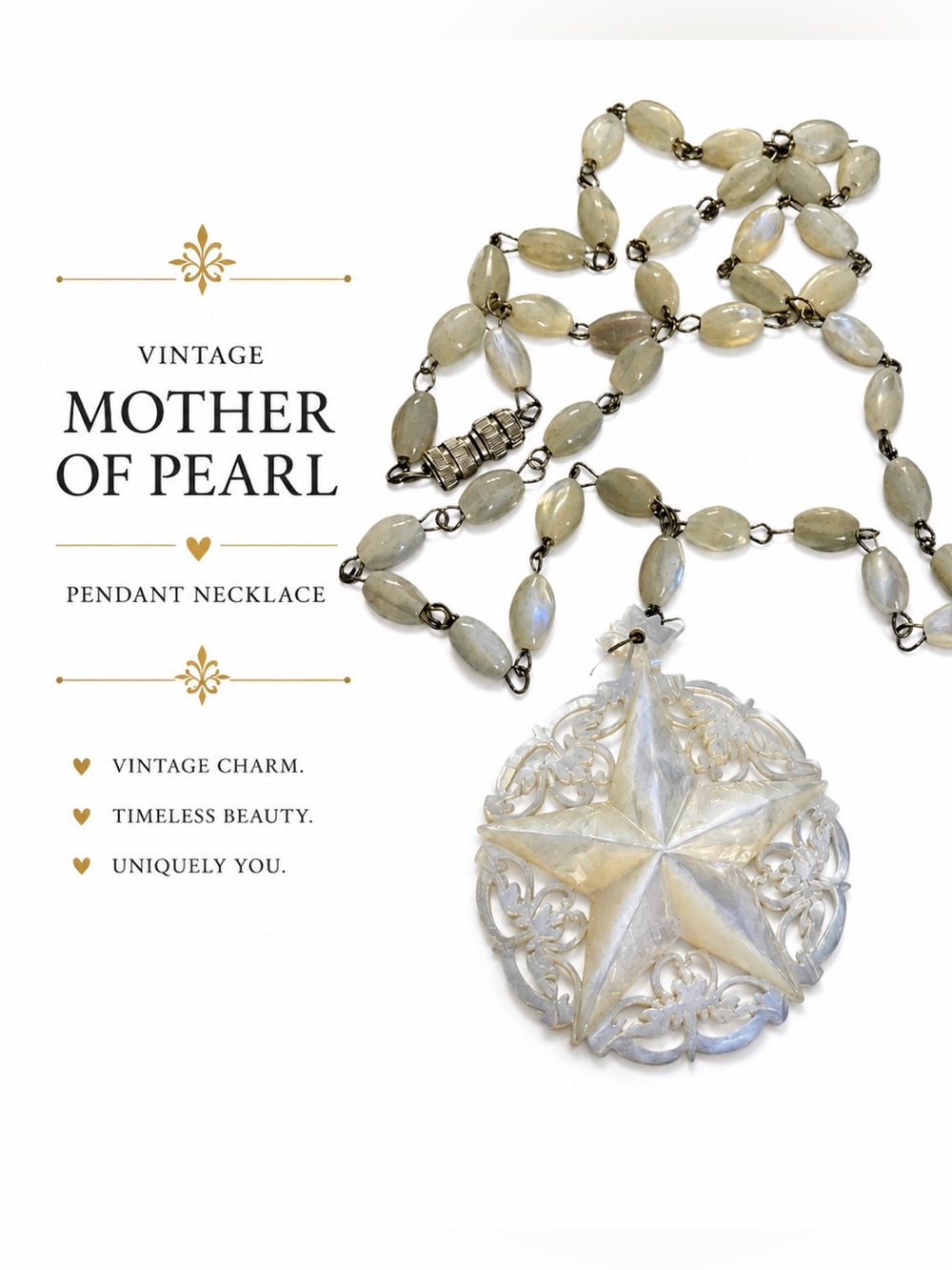Vintage MOP Star Pendant Necklace Carved Filigree Medallion Statement